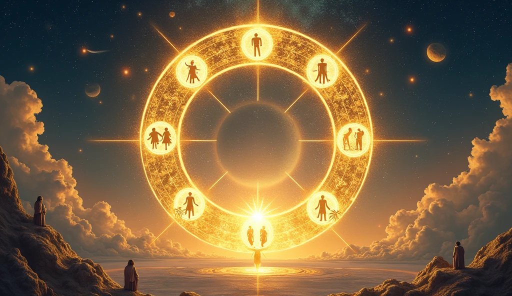 Visualize a vast symbolic landscape that blends cosmic and spiritual elements. In the center of the image, place a large golden circle representing the cycle of life and constant renewal. Within this circle, place the most diverse numbers (0 to 9) in a harmonious arrangement, each radiating a unique light that reflects its characteristics and meanings. Surround the circle, include symbolic images associated with each number: a guardian protecting a torch (number 0), a leader with a futuristic vision (number 1), an architect with plans and structures (number 4), an explorer in a jungle (number 5), a healer with healing hands (number 6), a seeker meditating in a starry field (number 7), a lord of destiny with a scale (number 8), and a creator of realities with a sacred triangle (number 3).
Add a glowing aura around each symbol and number, creating a light effect that conveys hope and clarity. Include a starry sky and a crescent or full moon to represent lunar cycles and spiritual connection. In the background, insert an ethereal landscape that blends natural and cosmic elements, symbolizing the interconnection between the material and spiritual worlds. Finally, insert an inspired message at the bottom of the image: ‘You are the architect of your own path, shaping the future with courage and hope.’