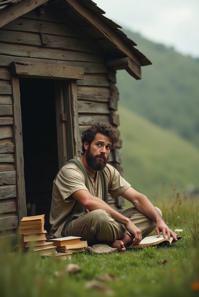 Young man sitting on the short grass next to his wooden house he is a hermit he likes to live alone he has books by his side