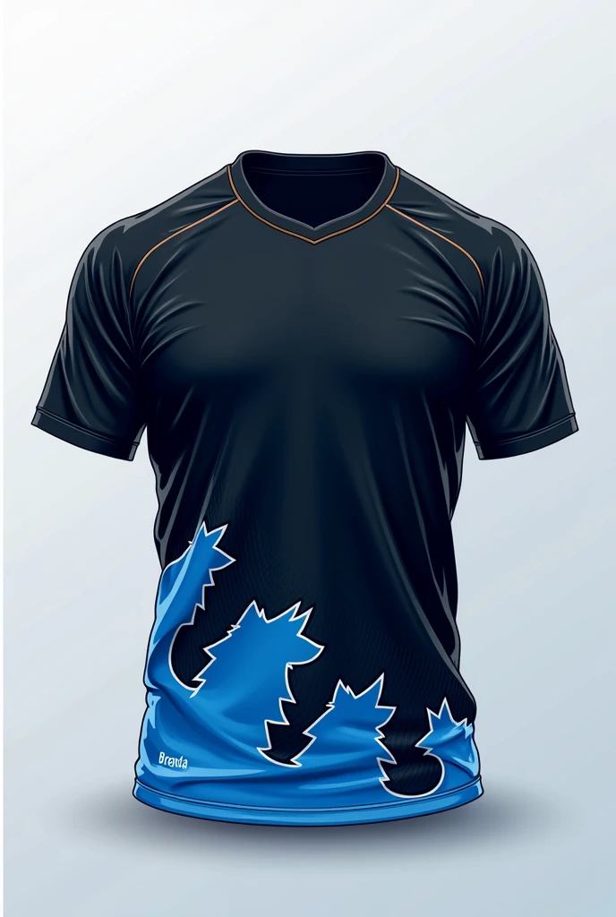 Make a vector of a black team uniform with a blue gradient on the hem of the shirt. The images on the blouse must be maned wolf silhouettes.
The back of the blouse must contain the surname Brenda and the number 99. Use interclass blouses as inspiration