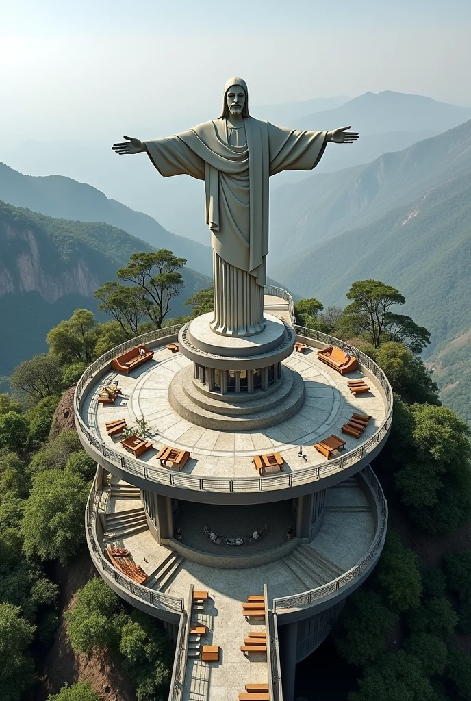 Create an image with these characteristics taking into account that there is a monument of Christ the King with only one floor and a path 1. Elevated viewing platforms Terraced structure: Construct several platforms at different levels connected by paths or stairs to allow visitors to view the statue and the landscape from various heights and angles.
Circular viewing platform: A cylinder-shaped viewing platform around the base of Cristo Rey that allows 360-degree panoramic views of San Pablo and the surrounding valley.
2. Integration with nature Natural trails: Create well-designed paths leading to the viewing point through the local vegetation, providing an immersive experience in nature before reaching the observation deck.
Thematic gardens: Add gardens or rest areas with native flora, Stone benches and sculptures that complement the surroundings, creating spaces for reflection.
3. Cover or pergola Panoramic pergola: A lightweight roof with a modern design that partially covers the viewing platform to provide shade without obstructing the views. This could include interlocking metal or wood beams, following a modern aesthetic but harmonious with the environment.
4. Glass viewing platform Glass railings: Use reinforced glass railings on platforms to maximize views and maintain safety without interrupting the visual connection with the surroundings.
5. Architectural elements inspired by the region Use of local materials: Incorporate materials from the region, such as volcanic stone or native wood, so that the viewpoint has a local character and is more sustainable.
Andean architecture: You can include details that evoke traditional Andean architecture, like gable roofs, Stone details and geometric shapes inspired by the indigenous cultures of the area.
6. Areas for contemplation and recreation Areas for rest and meditation: Include benches and small meditation or recreation areas around