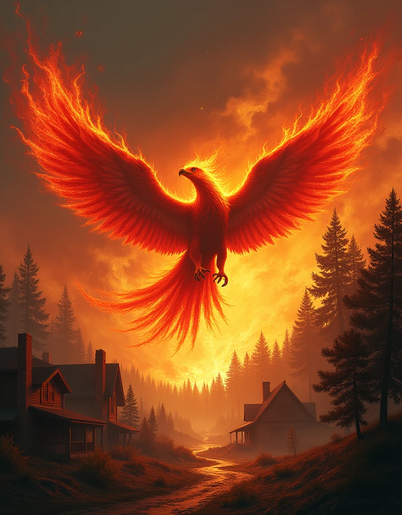 masterpiece, Highest quality, Highest quality, scene、wildfire、Burning Forest、Burning Village、burning house、(A red, flaming bird attacks the viewer)、Burning tail line、Burning Phosphorescence、Burning Wind、Explosive Sky、