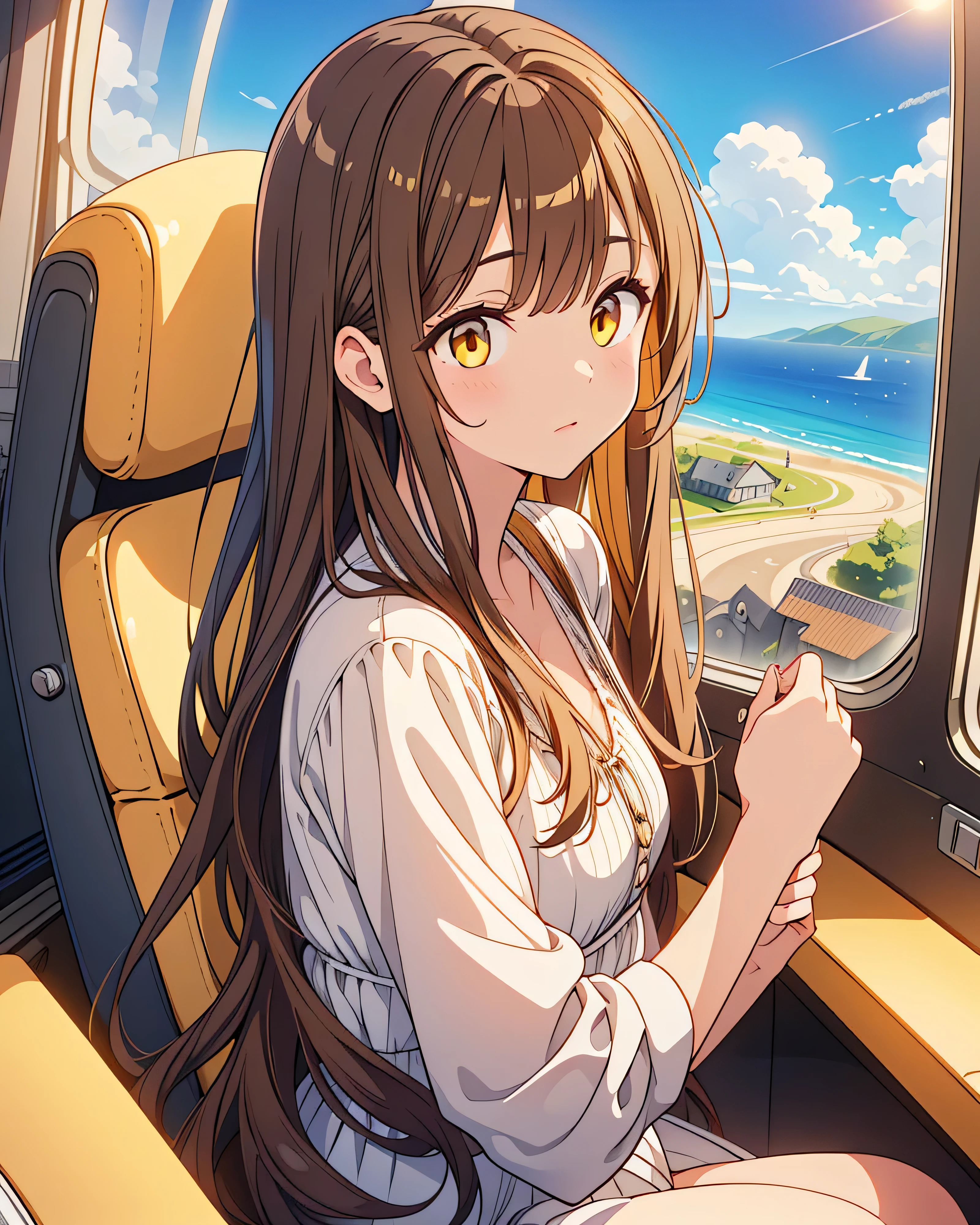 Highest quality, 32K, High resolution, masterpiece:1.5, One beautiful person, An exceptionally beautiful face, Small Face Beauty, Perfect Human Anatomy, Big yellow eyes, ((Shiny brown hair:1.1)), ((Super Long Straight Silk Hair)), Asymmetrical bangs, Hair between the eyes, Transparent, soft white skin, Sharp eyebrows, Thin lashes, Natural Makeup, Transparent air, Summer sunshine, Travelling on an airship, Amazing view from the airship window, A strange other world