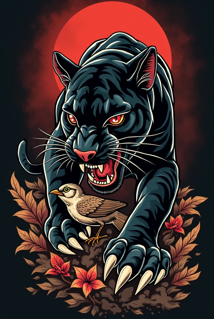 Traditional panther tattoo with red eyes and sharp claws eating a bird