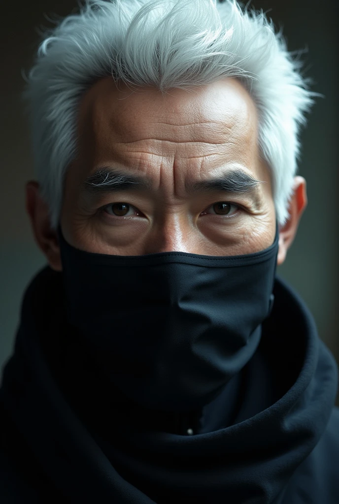 A closeup of a person with white hair and a black mask
