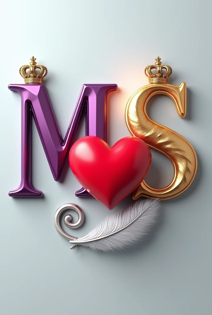 A 3d render of the two capital letters "M" and "S" with a red heart in center, letters are in purple and gold metallic font with golden British crowns above both letters and a white feather , with a light shine behind the word, and a silver swirl underneath. The background is a light gray.