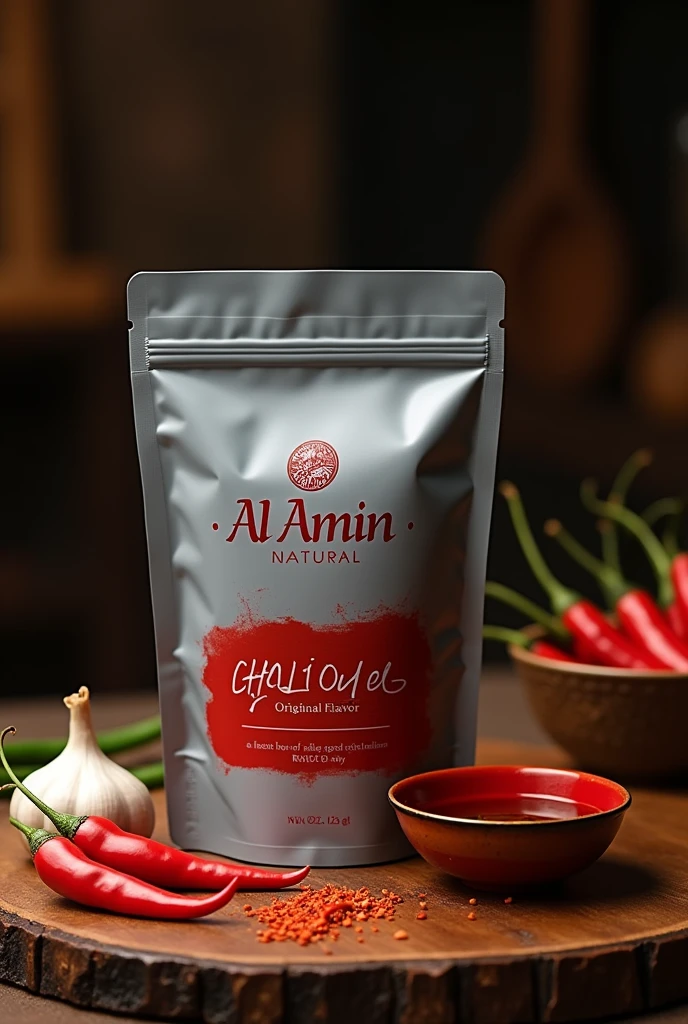 "Create a promotional image for a premium chili oil product named 'Al Amiin Original Flavor.' The text must red dark color, The chili oil is packaged in a sleek, gray aluminum foil retort pouch. The pouch has a flat, flexible design with a front label featuring elegant product named "Al Amiin Natural" add red text "Chili Oil Original Flavor" in black, text must be clear to see. Place the retort pouch in the center of the image on a rustic wooden table, slightly leaning against a small bowl of chili oil. Surround the pouch with fresh red chili peppers, garlic cloves, and a sprinkle of chili flakes. The background should be a dark, blurred kitchen scene with warm lighting to create a cozy, artisanal feel. Add a subtitle text overlay in the upper right corner that reads 'Spice Up Your Meals with Al Amiin RM12 Only.'"