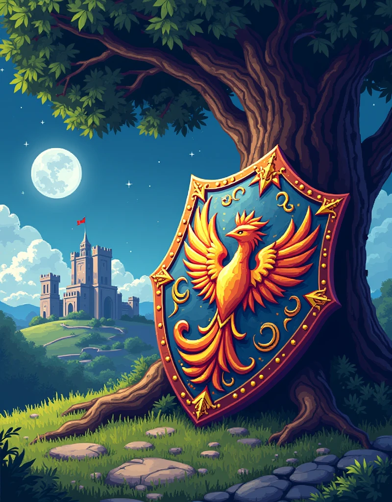 16bit pixel style, close-up of big ornate legendary shield with a fiery phoenix image on it. The shield image also has swirling magic waves. The shield rests below an oak tree on the grassy ground dotted with beautiful flowers. Marble citadel upon the hill in the distance. Moonlit starry night.
