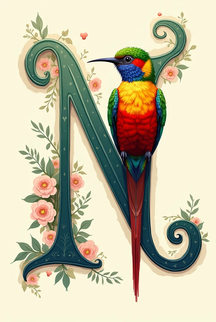 Decorate the letter N with a bird and very colorful