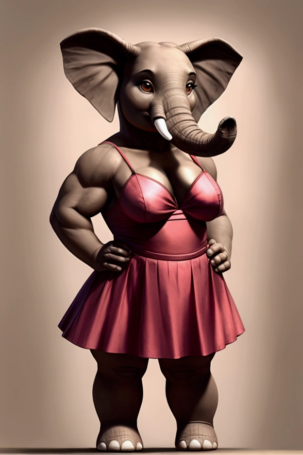 Little female elephant with big muscles and brown eyes and is wearing a short dress with a full body mini skirt and is .