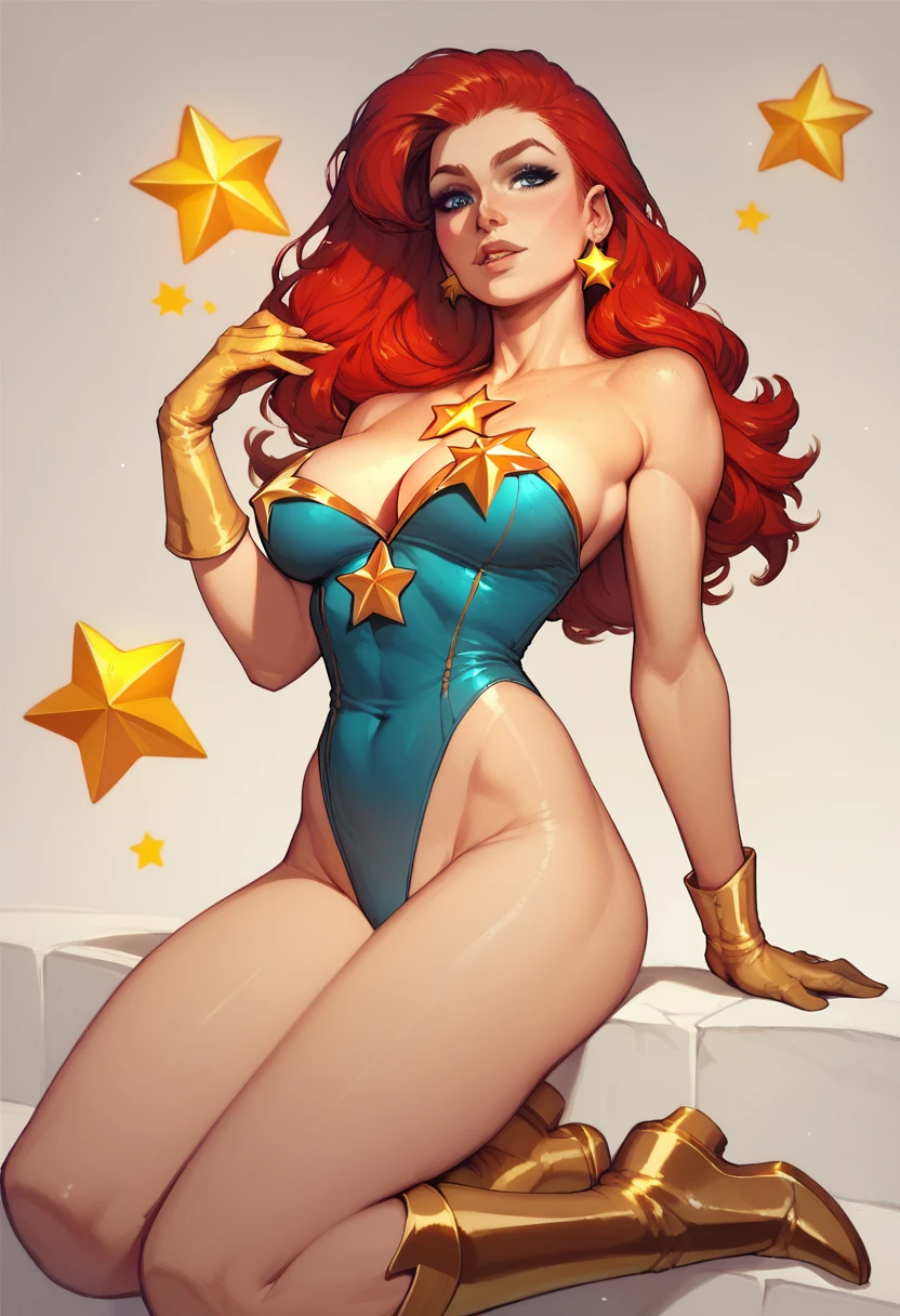 Sexy,Superheroine, Red hair, long hair, busty, ((blue highleg leotard with a t-back thong and a gold star insignia on chest)), gold boots, gold gloves