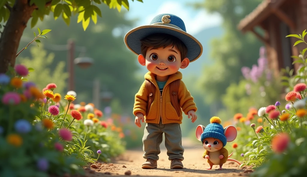 An investigation of the  (( boy)) walking in a garden at the back of his house.  Finding a little mouse with a blue hat (( Peruvian wool hat)), they walk together happily, in garden.