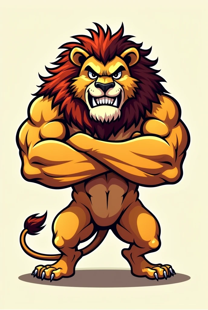 Muscular and angry lion with crossed arm in Cartoon for logo