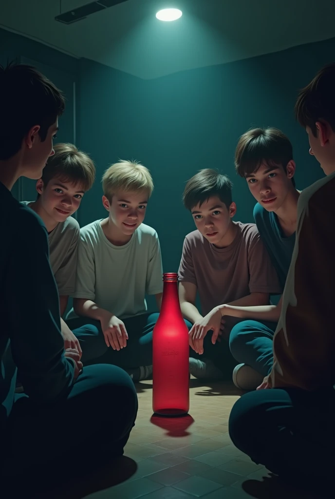 Students playing spin the bottle in the dark with sinister smiles. The image must be animated.