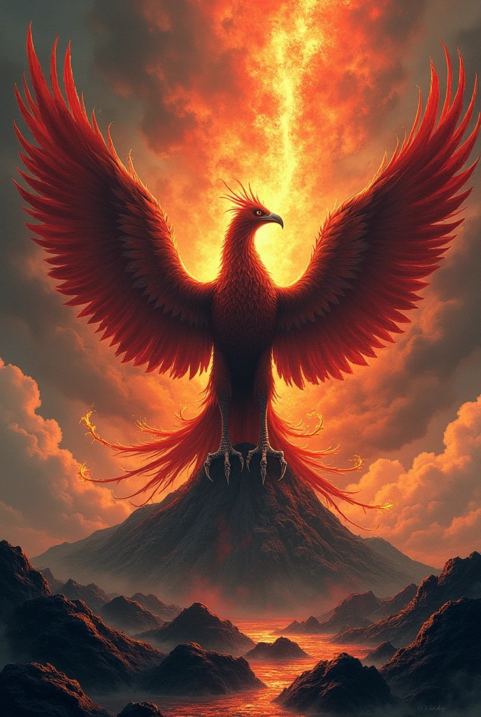 A powerful and majestic Phoenix、The embodiment of destruction and rebirth、Scary Stare、The End of the World、Erupting volcano、((Ink-wash style illustration))