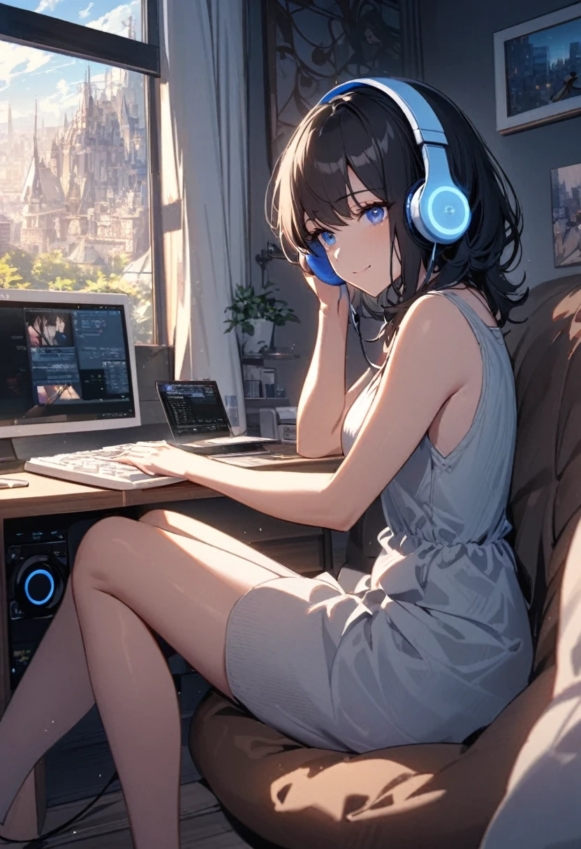 Beautiful woman, alone, A gentle smile on her face, Black Hair, blue eyes, Beautiful feet, No sleeve, Beautiful depiction,A woman sitting in front of a computer in a cozy bedroom, A woman listening to music in a cozy room.. (noon), Use headphones, (beautiful noon views from windows), city,Very detailed