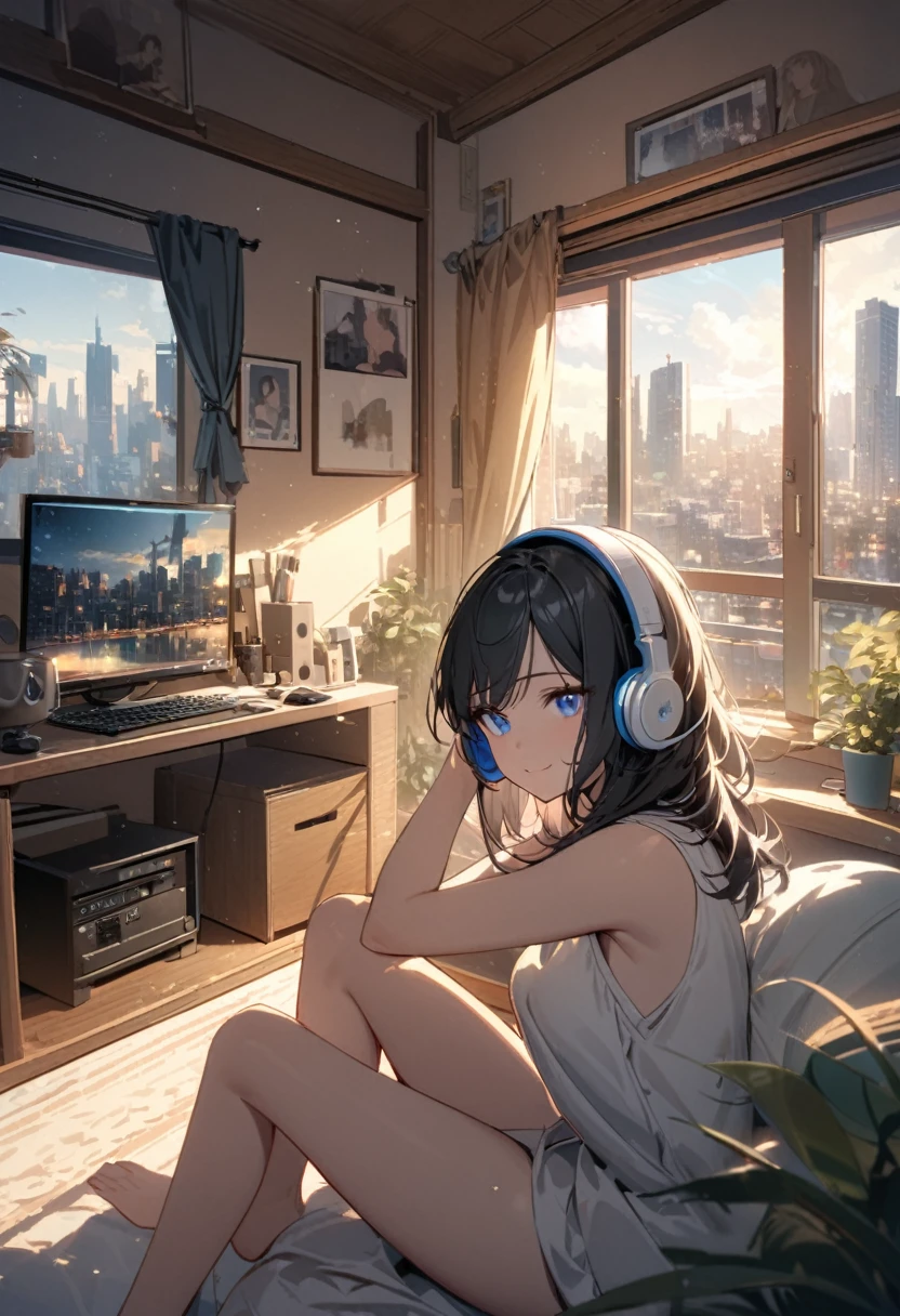 Beautiful woman, alone, A gentle smile on her face, Black Hair, blue eyes, Beautiful feet, No sleeve, Beautiful depiction,A woman sitting in front of a computer in a cozy bedroom, A woman listening to music in a cozy room.. (noon), Use headphones, (beautiful noon views from windows), city,Very detailed