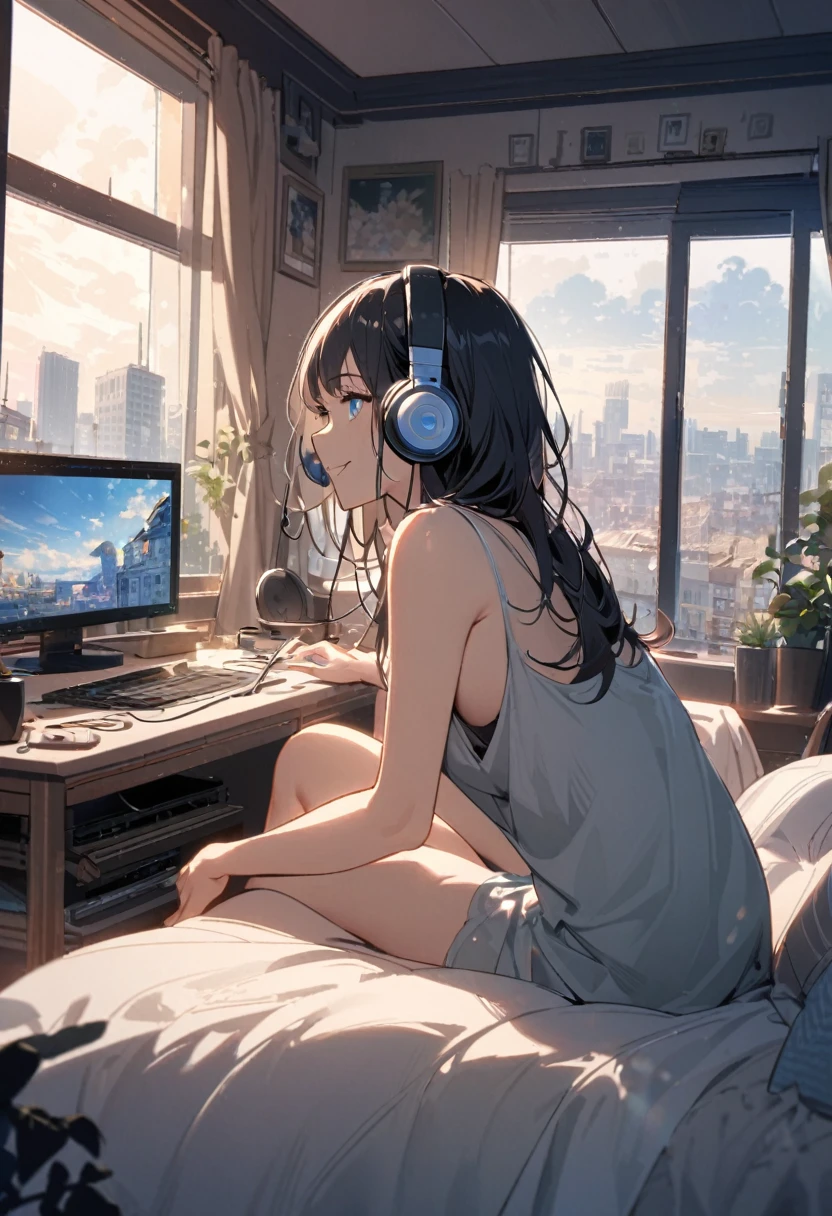 Beautiful woman, alone, A gentle smile on her face, Black Hair, blue eyes, Beautiful feet, No sleeve, Beautiful depiction,A woman sitting in front of a computer in a cozy bedroom, A woman listening to music in a cozy room.. (noon), Use headphones, (beautiful noon views from windows), city,Very detailed