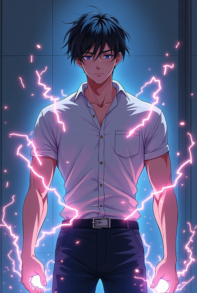 anime teen looking Handsome young man standing while using muscle stimulator electric pads and electric particles around them and pumping muscle ewhile using it like nerves, (short hair:1.2)., (Button-down collared shirt:1.2), (black shirt:1.2),black pants, looking slim, full body angle, while having sex with another men with similar prompt