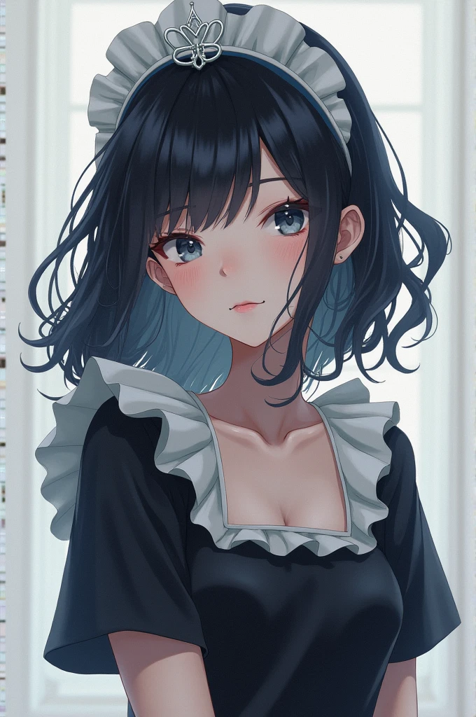 Image of a white-skinned anime girl with sleepy eyes, a silver seal crown, a maid's headband, with loose black hair, a black t-shirt with a low neckline