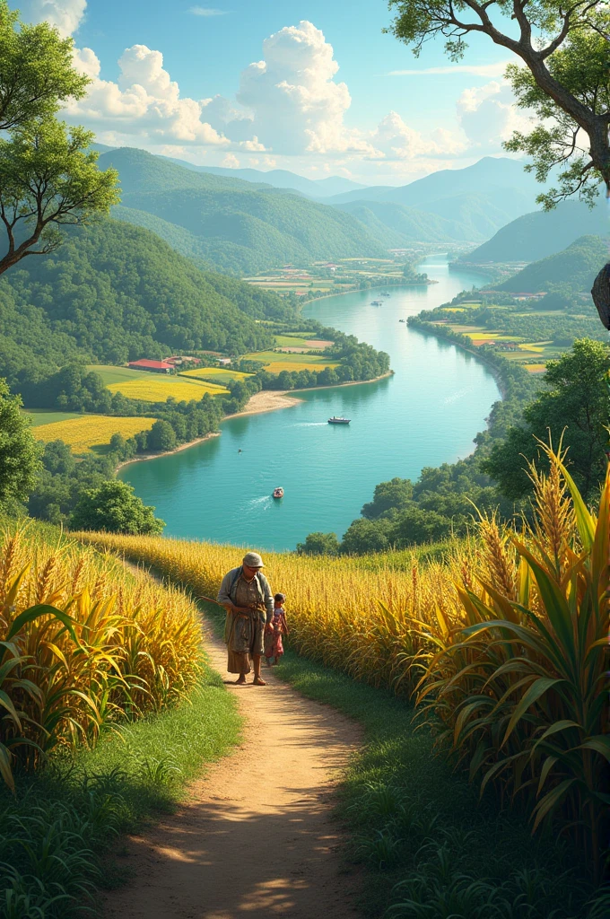 Create a river that forks into two distant branches on its banks there are corn crops and farmers harvesting