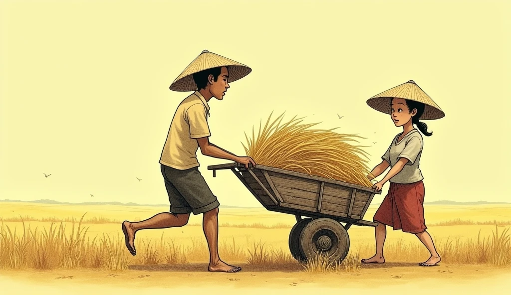 pencil cartoon, hot weather, a vietnamese man pulling a cart full of rice, a vietnamese woman pushing behind the cart, they go barefoot on the small road, woman wearing a 'non-la' northern Vietnamese style, on a yellow field background, realist detail, flat form