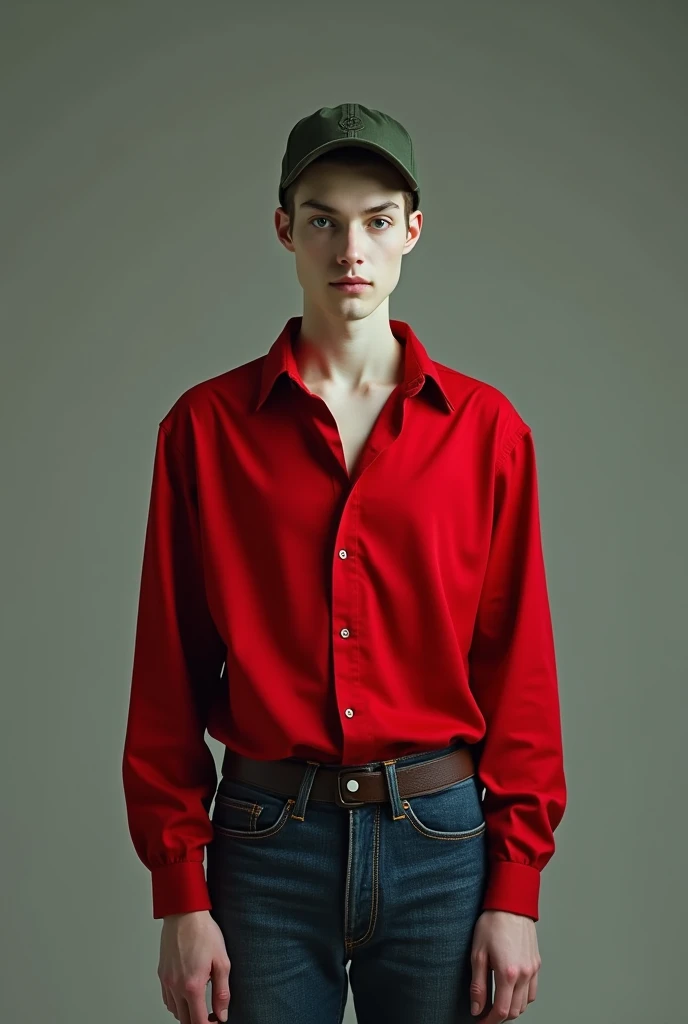 tall man, white skin, asymmetrical face, soft features with the characteristics of actor Nick Bateman, standing wearing a red dress shirt showing her arms, and jeans and cap