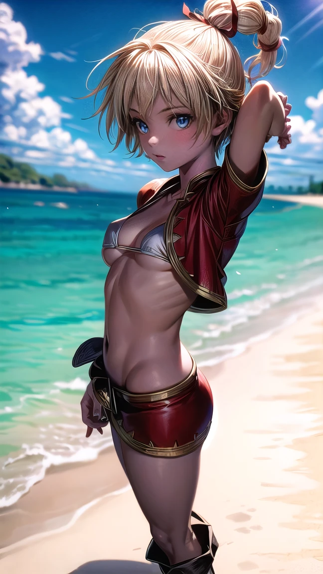 1 adult woman, character "kid" from chrono cross, 20 years old, yellow hair in a high braided ponytail, (small bust:1.4),standing on white sandy beach, in various fighting poses, fitted jacket 3/4 cropped, white top under jacket, tight fitting micro skirt, loose leather boots, ankle wraps, detailed face, detailed eyes, detailed lips, highly detailed, 8k, ultra-detailed 90s era anime style, cinematic lighting, vivid colors, dramatic shadows, volumetric fog, masterpiece, award winning art, wide angle, (full length portrait), strong_negative, micrsk3rt, bikini underboob, navel, no bra 