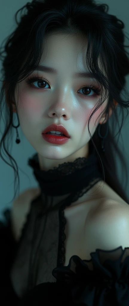 (masterpiece: 1.3), (8K, Photorealistic, Raw Photo, Best Quality: 1.4), ((kohl:0.5)),((kajal:0.5)), Korean, rim light, studio spot light, real latex skin, A breath takingly ethereal RAW photo of a stunning Korean very beauty woman in a gothic theme,