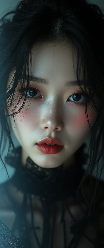 (masterpiece: 1.3), (8K, Photorealistic, Raw Photo, Best Quality: 1.4), ((kohl:0.5)),((kajal:0.5)), Korean, rim light, studio spot light, real latex skin, A breath takingly ethereal RAW photo of a stunning Korean very beauty woman in a gothic theme,