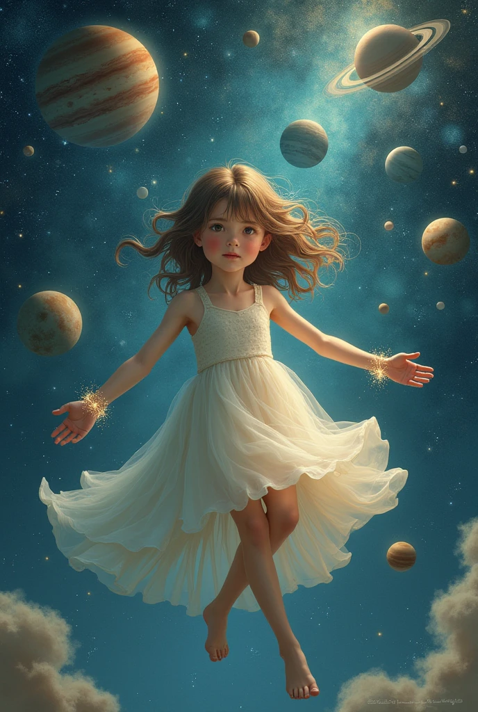 A girl,floating in the galaxy, have solar sytem and a bracelet is around girl