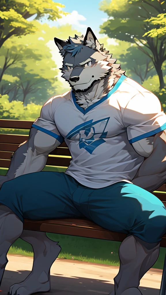 A Picture In front of A Very Muscular Furry Gray Wolf. He is Sitting On A Bench in A Park Forest. He is wearing A Blue short and white T-shirt with short Blue Sleeve. He have A Frowning Face and looking at you