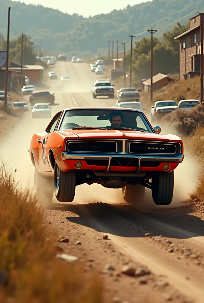 Create an image of General Lee (Dukes of Hazzard car) jumping cars