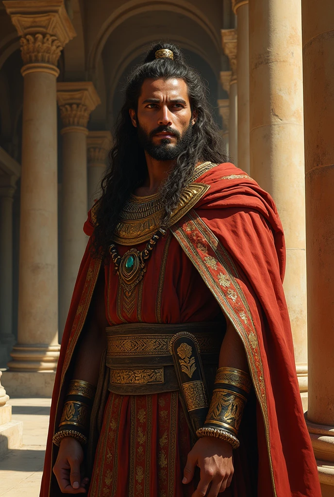 Half-body portrait of a Babylonian king, adorned in traditional Babylonian robes with intricate patterns and rich colors. The background features a grand palace with monumental architecture, rendered with realistic brushstrokes and dramatic lighting inspired by Peter Paul Rubens and Annie Leibovitz.