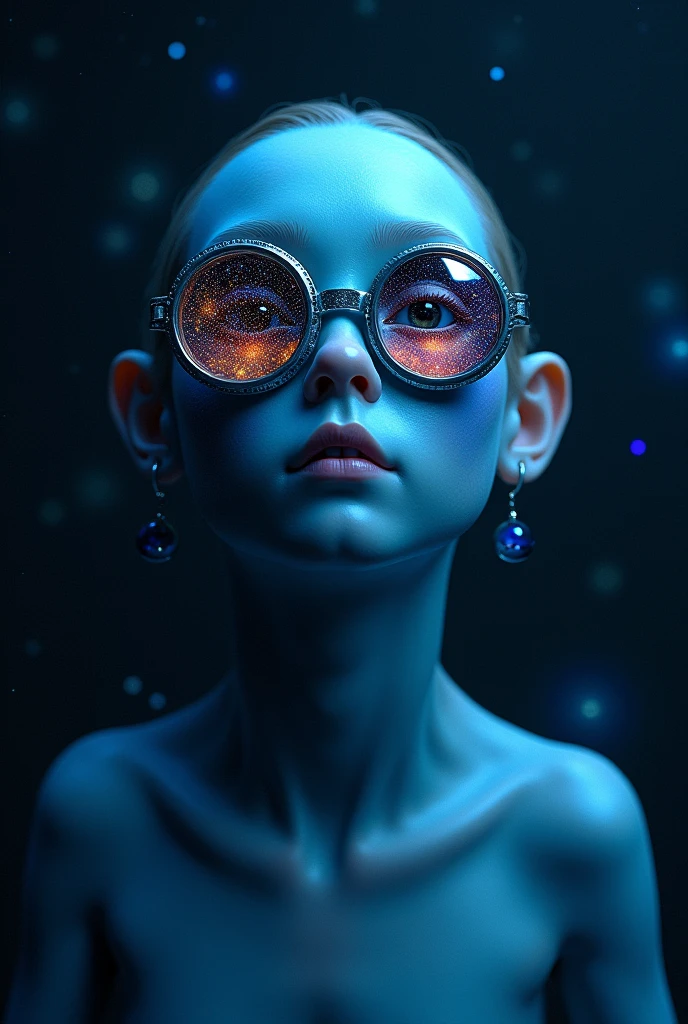 A cool looking blue skin person with glasses that show the galaxy is the reflection of them snd the person in space floating around