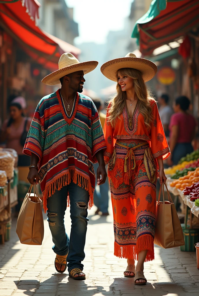 Kanye West and Taylor Swift strolling through the food market in Mexico City while carrying some grocery bags, They both dress like Mexicans 