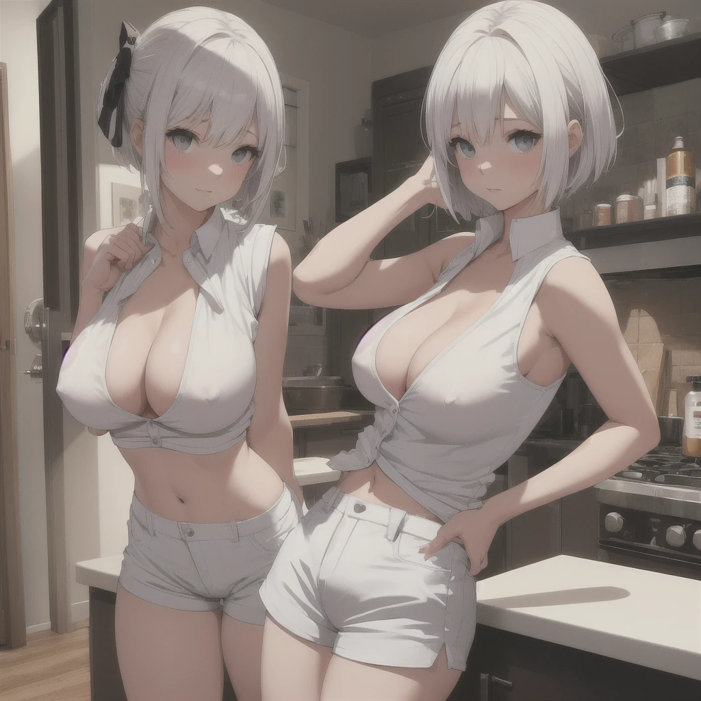 Small white vest,hot pants,at home,Large Breasts