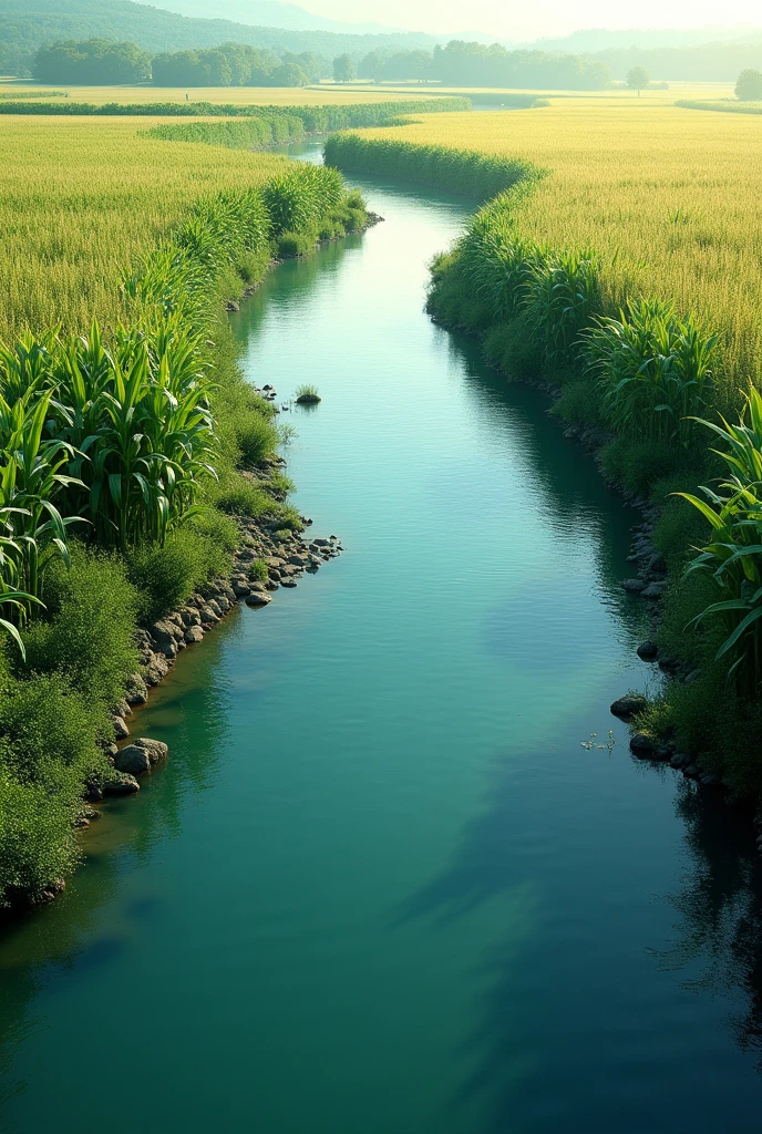Create a river that forks into two distant branches on its banks there are corn crops
