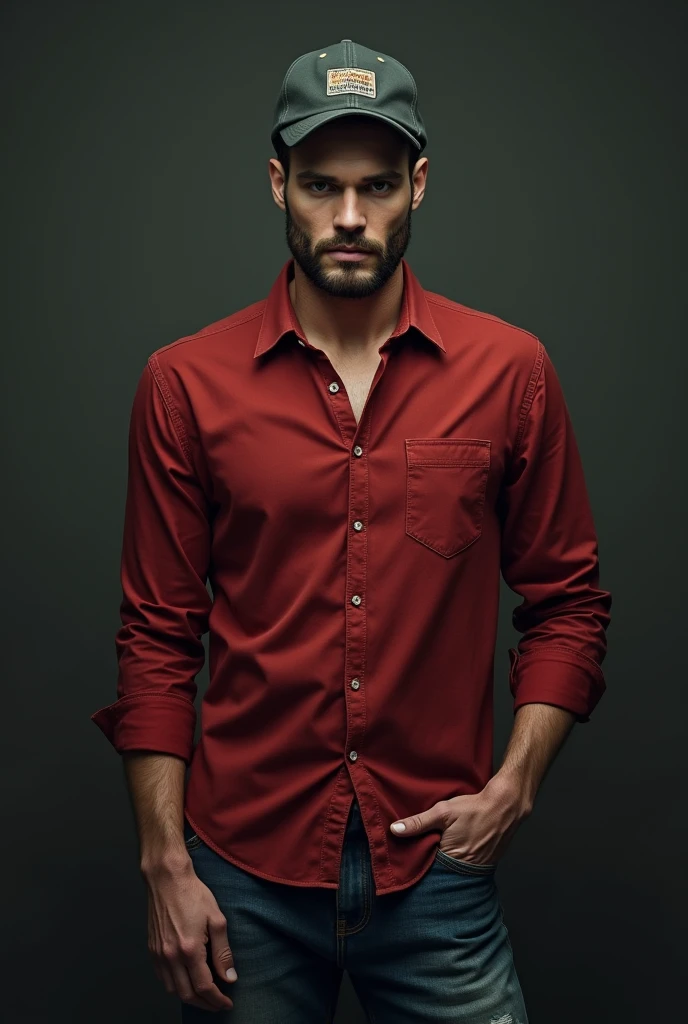 tall man, white skin, asymmetrical face, striking features with the characteristics of actor Nick Bateman, standing wearing a red dress shirt showing her arms, and jeans and cap 
