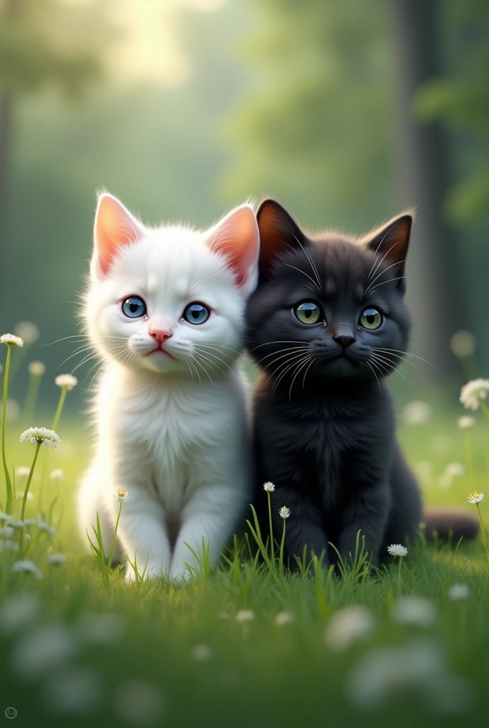 Generate me two cats, one white and one black, I want you to be looking into nothingness, In the background scene there is a forest, a very green and beautiful field, clean air, These two kittens are found leaning on each other, They love each other