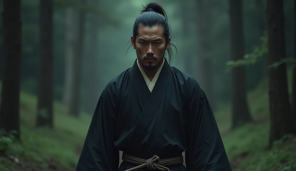 Japan folklore,A samurai wearing a black hakama is walking with a gloomy expression.,Excited, Photo of your face, Dark forest background, with a natural look, With a slightly tired look, tilt your face a little, Diagonal orientation, Average face
