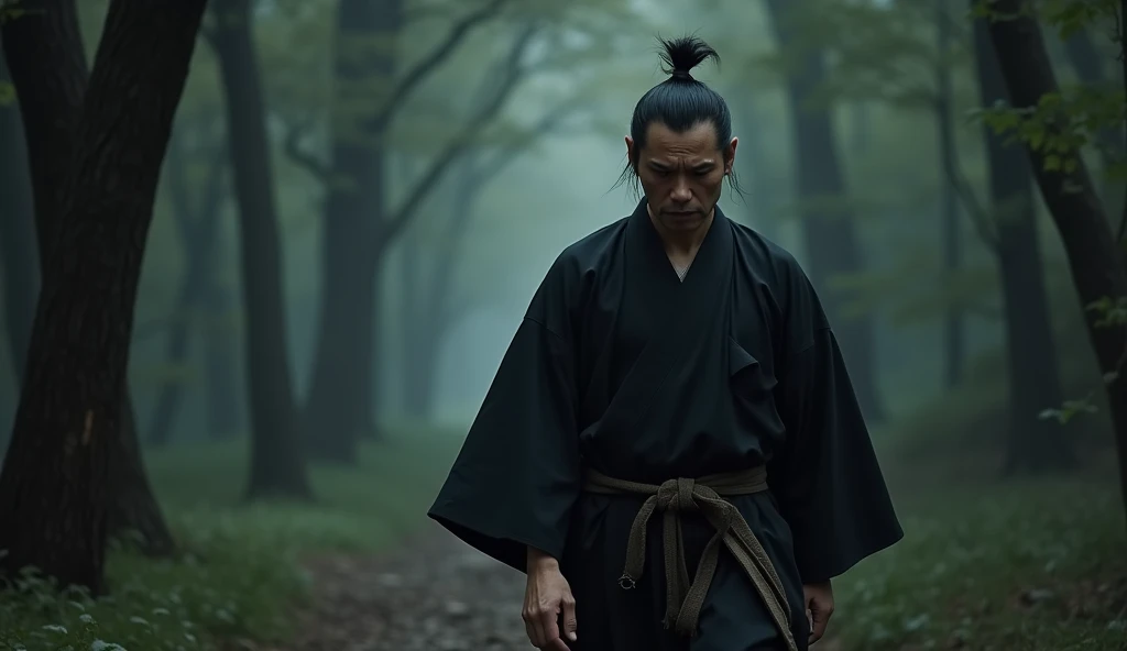 Japan folklore,A samurai wearing a black hakama is walking with a gloomy expression.,Excited, Photo of your face, Dark forest background, with a natural look, With a slightly tired look, tilt your face a little, Diagonal orientation, Average face