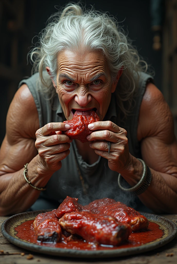 A muscular elderly woman eating meat 