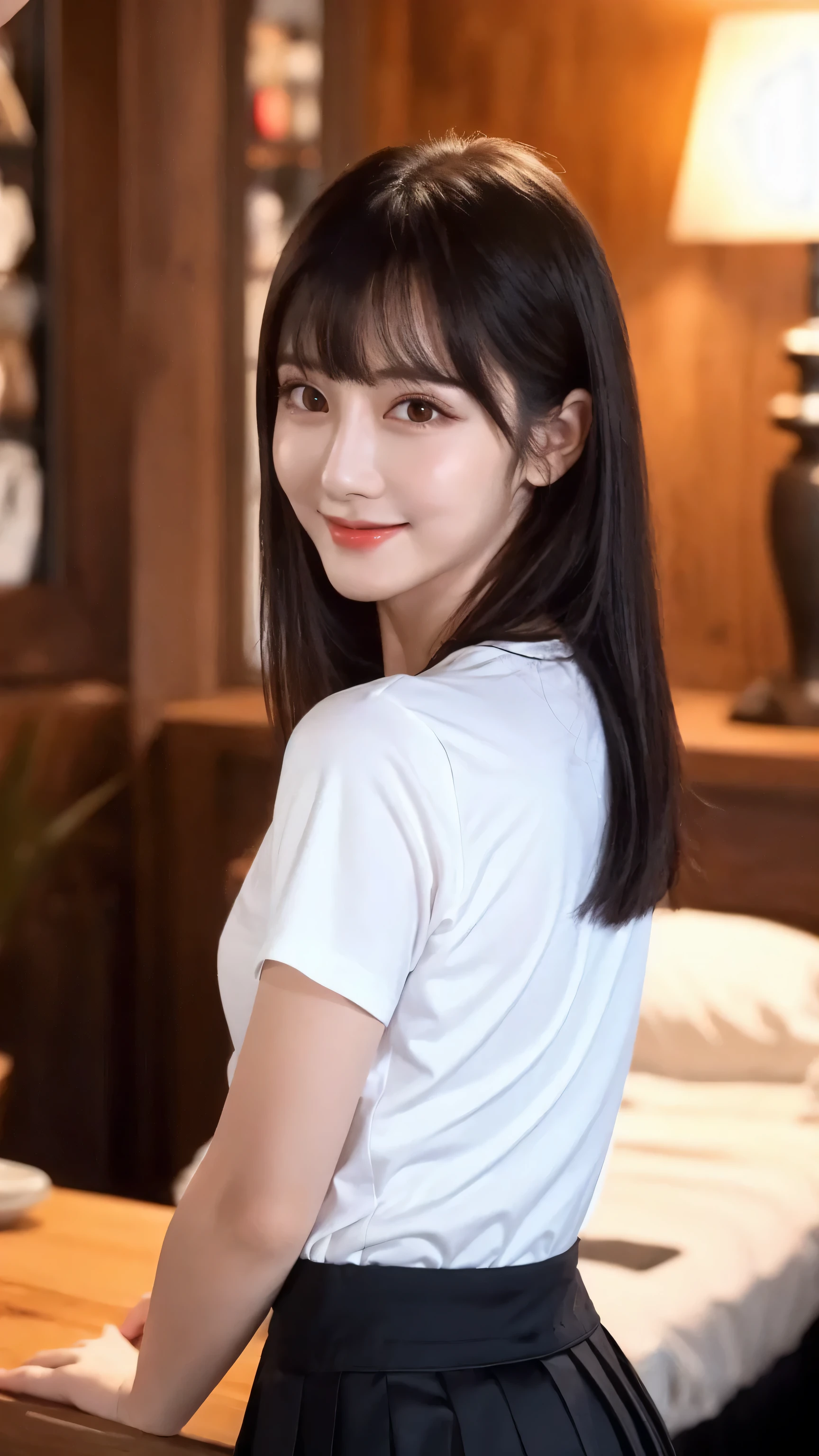 (8k, RAW Photo, Best Quality, Masterpiece:1.2), table top, Ultra Detail, Super Resolution, (Realistic, Realistic Photo:1.37), Portrait, High Detail RAW Color Photo, Professional Photo, Extremely Detailed and Beautiful, Extremely detailed, 8k wallpaper, amazing and detailed, huge file size, official art, highly detailed CG unity 8k wallpaper, highly detailed beautiful girl, highly detailed face, highly detailed eyes, highly detailed skin, highly detailed fingers, highly detailed nose, very detailed detailed mouth , perfect anatomy, highly detailed background, highly detailed clothes, 1girl, 1 girl, cute girl, realistic body, fair skin, glowing skin , slim body, handsome body, black hair , semilong hair, (blunt bangs:1.2), smile, cute, youthful, cute face, realistic face, delicate eyes, drooping eyes, looking at viewer, facing front, standing posture, Contraposto, (medium chest), (Perfect Body Proportions), (slender Body Proportions), (bedroom), super sexy pose, (t-shirt)), ((mini-skirt)), (standing BAR in a dark interior),(photo from behind),