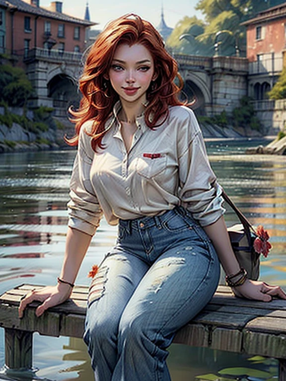 digital art, (girl, red_hair, flowers, baggy jeans, white shirt, discreet smile, cute look), (sitting on a bench, river in the background, golden hour),, by Daniil Suponitskiy jpegman