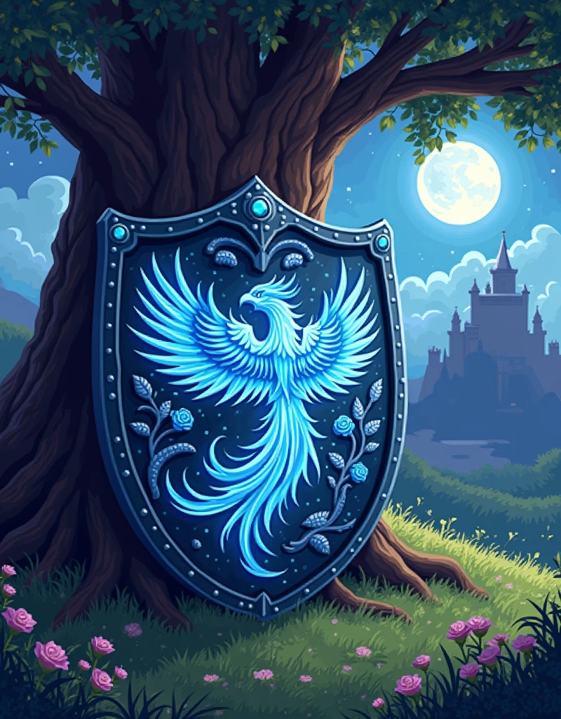 16bit pixel style, close-up of big ornate legendary shield with a light blue fiery phoenix image on it. The shield image also has roses. The shield rests below an oak tree on the grassy ground dotted with beautiful flowers. Marble citadel with heavy fortifications upon the hill in the distance. Moonlit starry night.