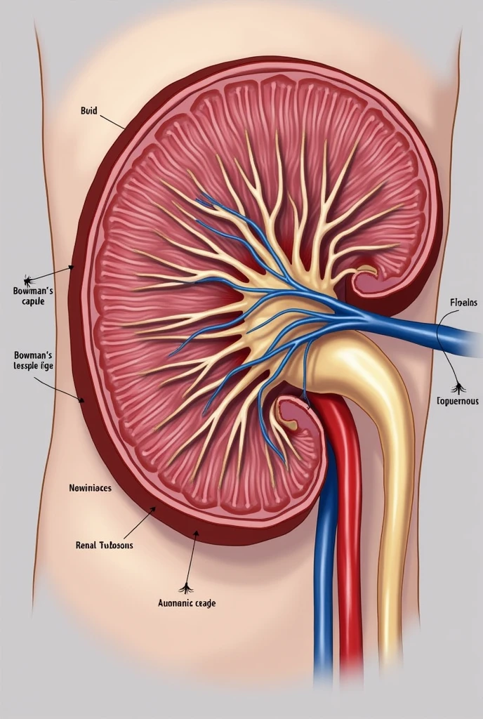 Help me create an image about glomerular filtration of urine well explained , where the leak occurs, as it happens, Why does this happen? Tell me where and what parts 