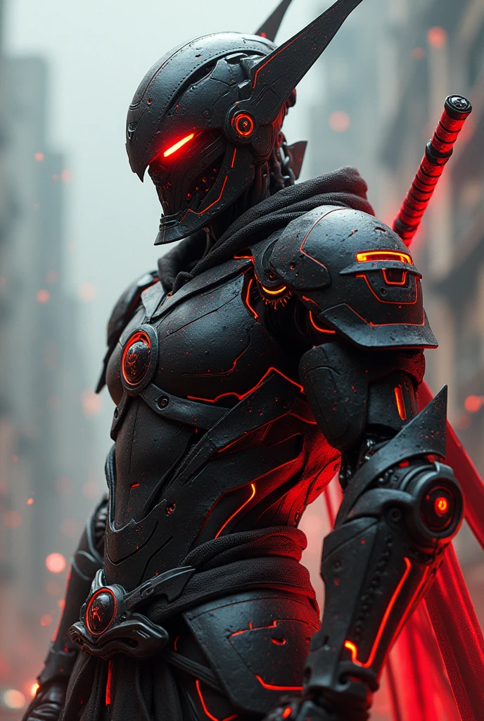 Male, Cyber half human half, armors blood weakness black, head helmet armor japanese, line light red armors, red eyes cyber. Sword obsidian & three eyes from children's
