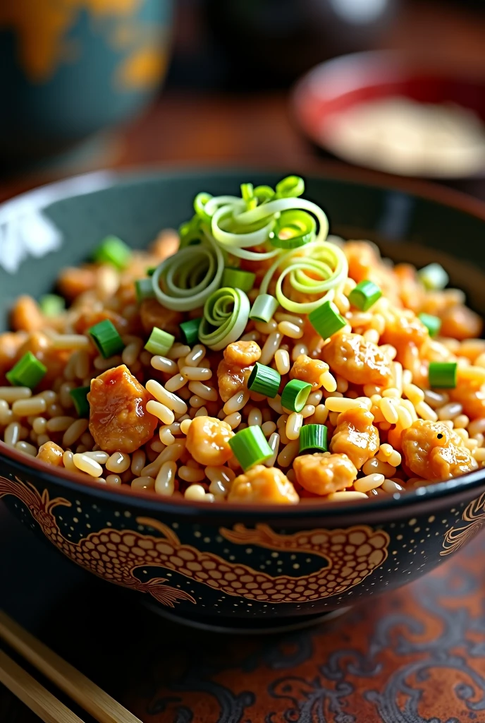 a plate with fried rice made with only diced chicken, scallions and diced scrambled eggs in a Chinese dragon style bowl.