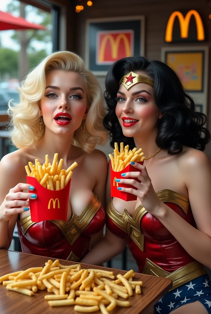 Marilyn Monroe and、Wonder Woman is happily munching on McDonald's fries in person。