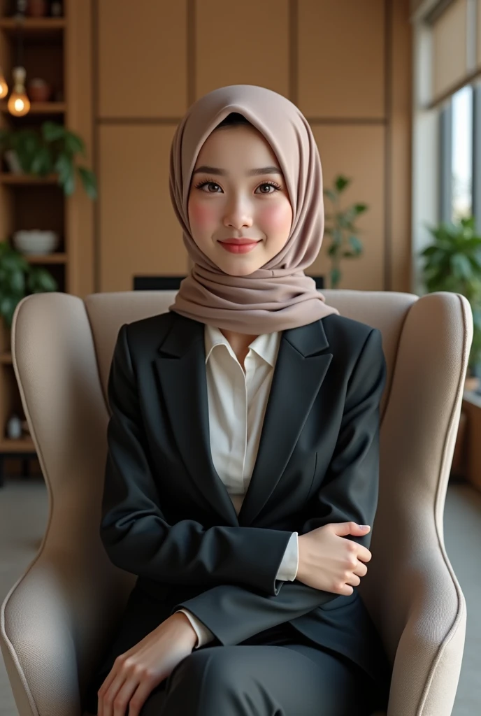 A girl who is 1. She has beautiful features and fair skin and is in a suit and hijab. She is confident and she is a young businesswoman. She is sitting in her office chair with a beautiful office background wall in 3d picture
